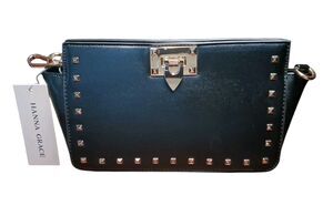 NEW Hanna Grace Black Faux Leather Gold Studded Crossbody Bag Detachable Strap